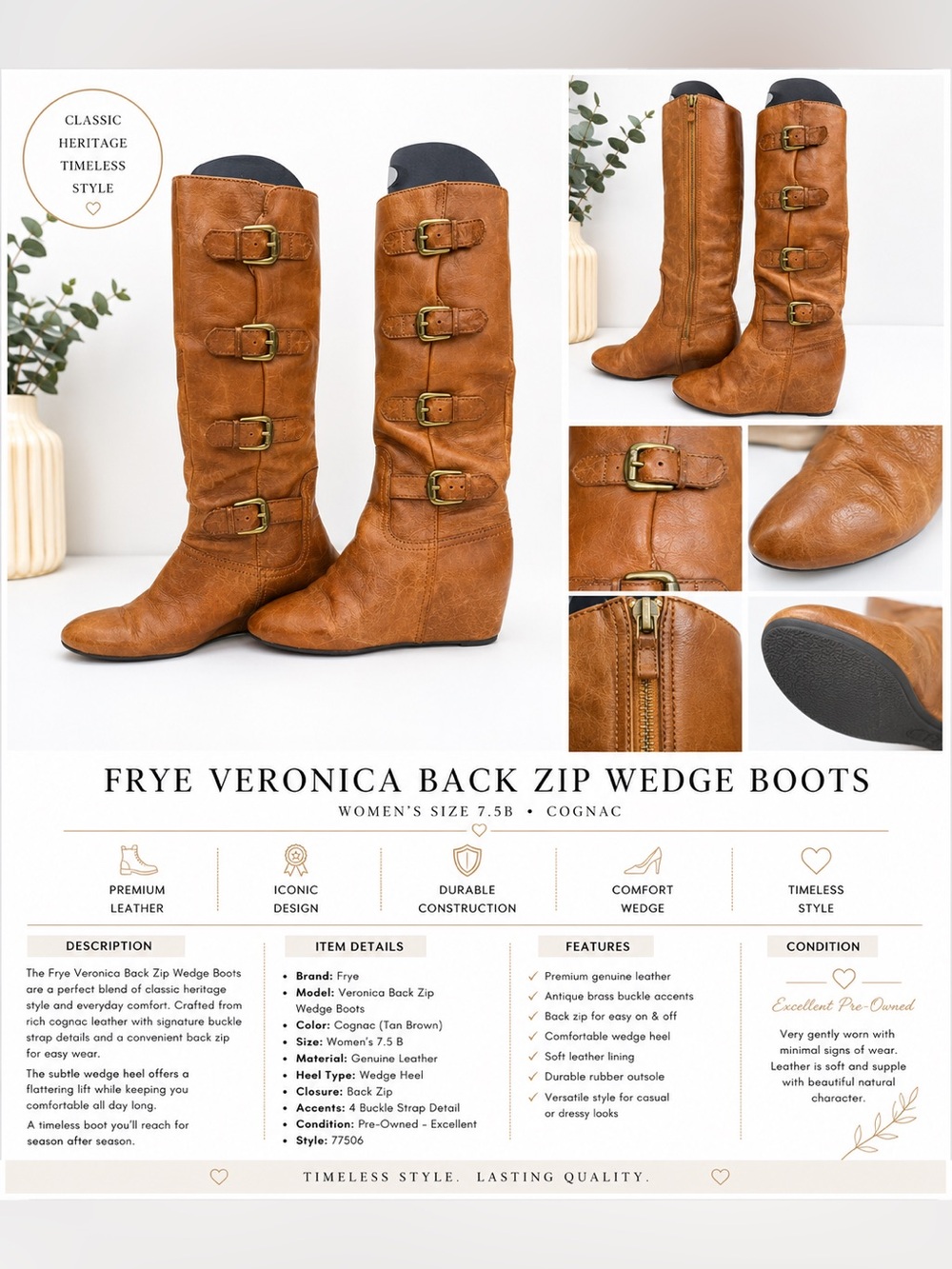Frye Cognac Leather Buckle Back-Zip Wedge Boots